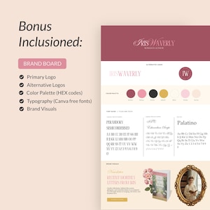 May include: A brand board design with the text "Iris Waverly, Romance Author." The design includes a primary logo, alternative logos, a color palette, typography, and brand visuals. The color palette includes shades of pink, black, and gold.