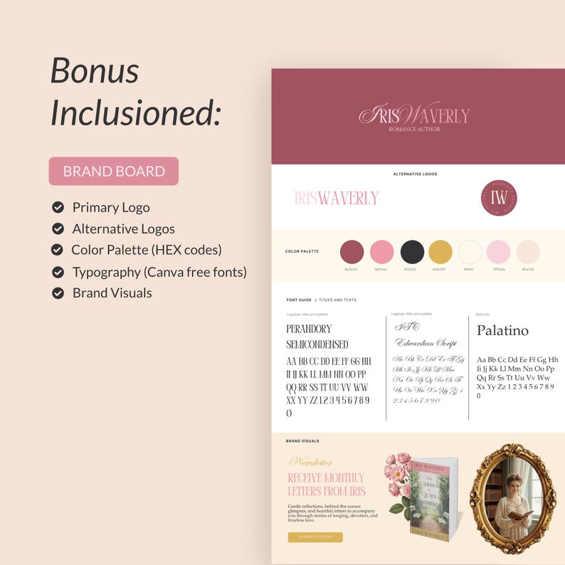May include: A brand board design with the text "Iris Waverly, Romance Author." The design includes a primary logo, alternative logos, a color palette, typography, and brand visuals. The color palette includes shades of pink, black, and gold.