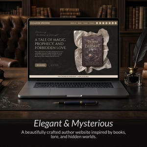 May include: A laptop displaying the Eleanor Spenser author website, featuring the book The Thorns of Evernight on a dark background. The screen shows text about magic, prophecy, and forbidden love, with a quill pen and inkwell nearby.