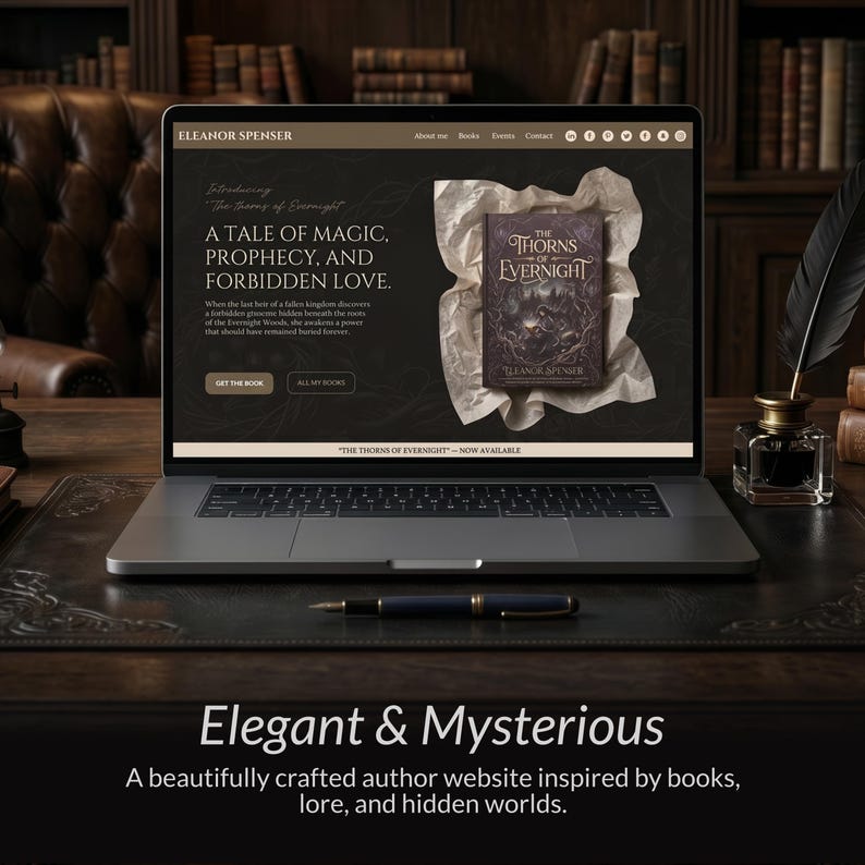 May include: A laptop displaying the Eleanor Spenser author website, featuring the book The Thorns of Evernight on a dark background. The screen shows text about magic, prophecy, and forbidden love, with a quill pen and inkwell nearby.