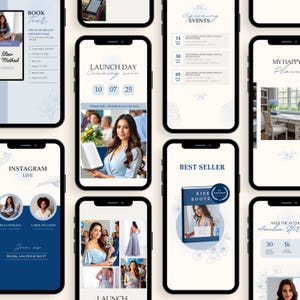 Puede incluir: Una colecci&oacute;n de tel&eacute;fonos inteligentes que muestran contenido promocional. Las pantallas presentan texto como "Book Tour", "Instagram Live" y "Best Seller". El esquema de color es principalmente azul y blanco, con acentos florales e im&aacute;genes de una mujer.