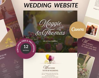 Elegant Floral Wedding Website Template, Canva Editable (Digital Download)