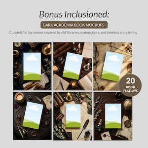 May include: A collection of 20 book mockups featuring flat lay scenes with dark academia themes. Each mockup displays a rectangular book cover with a light blue sky and green landscape graphic, surrounded by vintage items like candles, pens, and maps.