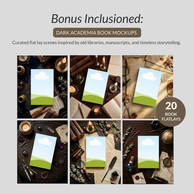 May include: A collection of 20 book mockups featuring flat lay scenes with dark academia themes. Each mockup displays a rectangular book cover with a light blue sky and green landscape graphic, surrounded by vintage items like candles, pens, and maps.