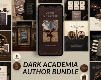 May include: A digital marketing bundle for authors featuring a smartphone displaying a book cover reveal, surrounded by various social media post templates with dark brown and cream color schemes, text overlays, and book-themed graphics.
