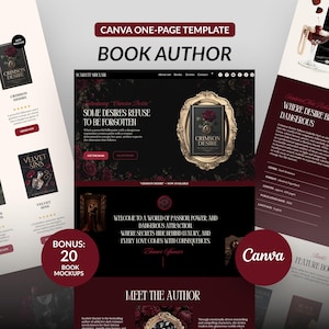 May include: A Canva one-page template for a book author website featuring a dark colour palette with deep red floral accents. The layout includes sections for book titles like Crimson Desire and Velvet Sins, author biography, and book mockups.