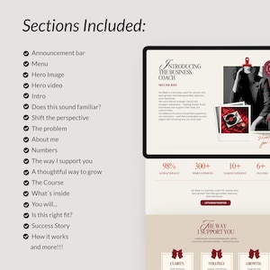 Puede incluir: Una presentaci&oacute;n de marketing digital titulada "Introducing The Business Coach" con una combinaci&oacute;n de colores beige claro y rojo. La presentaci&oacute;n incluye secciones sobre apoyo, crecimiento y &eacute;xito. Las estad&iacute;sticas muestran un 98% de satisfacci&oacute;n, m&aacute;s de 300 mujeres apoyadas y m&aacute;s de 10 a&ntilde;os de experiencia.