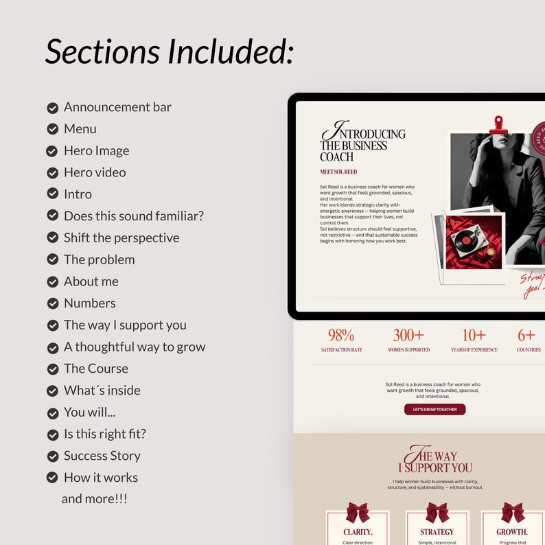 Puede incluir: Una presentaci&oacute;n de marketing digital titulada "Introducing The Business Coach" con una combinaci&oacute;n de colores beige claro y rojo. La presentaci&oacute;n incluye secciones sobre apoyo, crecimiento y &eacute;xito. Las estad&iacute;sticas muestran un 98% de satisfacci&oacute;n, m&aacute;s de 300 mujeres apoyadas y m&aacute;s de 10 a&ntilde;os de experiencia.