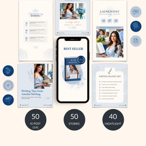 Puede incluir: Un conjunto de plantillas de redes sociales en tonos azules y blancos, promocionando un libro. Incluye anuncios de eventos, un gr&aacute;fico de best seller, consejos de escritura y una lista de verificaci&oacute;n de escritura. Tambi&eacute;n se muestra una maqueta de tel&eacute;fono.
