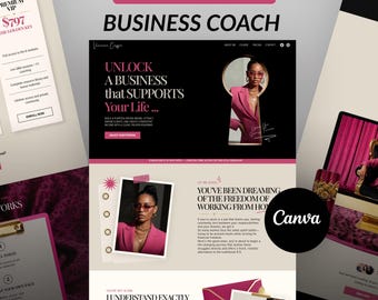 May include: A Canva one-page business coach website template featuring a black and cream color scheme with pink accents. The layout includes text sections, a keyhole-shaped photo frame, and polaroid-style images of a person in a pink blazer.