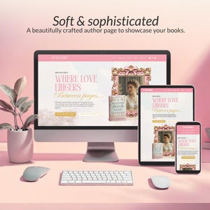 May include: A computer monitor, tablet, and smartphone display a website design with the text "WHERE LOVE LINGERS Between pages...". The design features a pink and white color scheme, a book cover image, and the text "Soft & sophisticated". A keyboard, mouse, and potted plant are in the foreground.