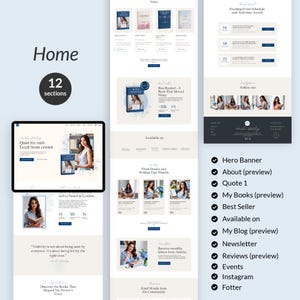 Op de afbeelding: Een website homepage ontwerp in lichtblauw en wit. De pagina bevat secties voor een hero banner, overzicht, citaat, boeken, bestseller, blog, nieuwsbrief, recensies, evenementen, Instagram en footer. De tekst bevat "Home" en "12 sections."
