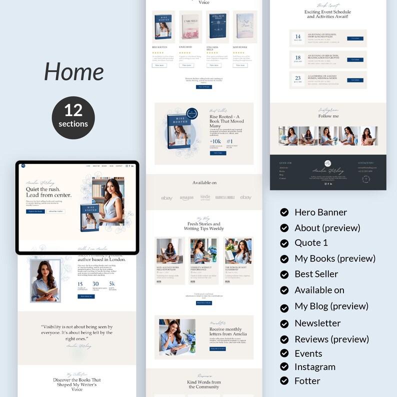 Op de afbeelding: Een website homepage ontwerp in lichtblauw en wit. De pagina bevat secties voor een hero banner, overzicht, citaat, boeken, bestseller, blog, nieuwsbrief, recensies, evenementen, Instagram en footer. De tekst bevat "Home" en "12 sections."