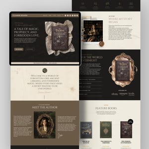 May include: A website layout for author Eleanor Spencer featuring book covers titled The Thorns of Evernight, a biography section, and a feature books area. The design uses a dark brown and cream color palette with ornate gold frames and typography.