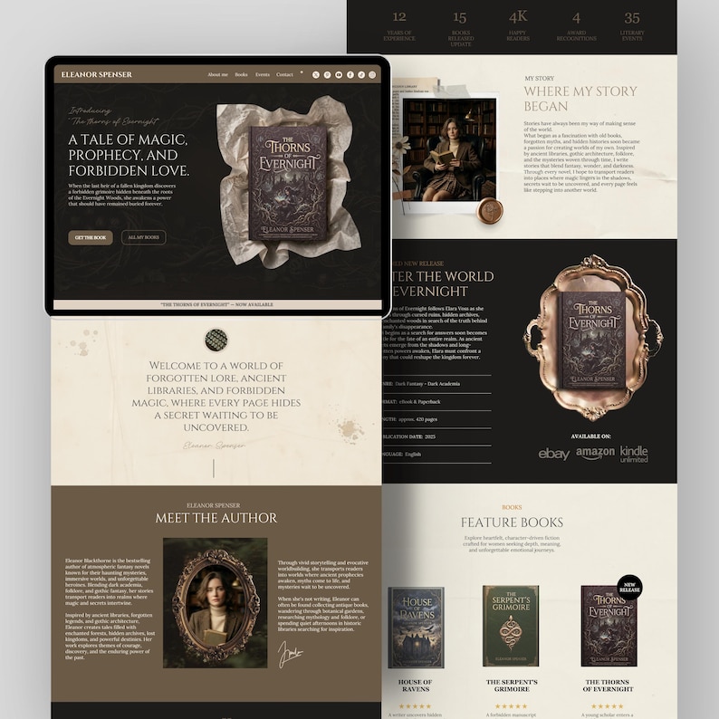 May include: A website layout for author Eleanor Spencer featuring book covers titled The Thorns of Evernight, a biography section, and a feature books area. The design uses a dark brown and cream color palette with ornate gold frames and typography.