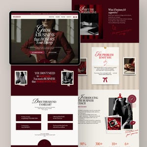 Puede incluir: Dise&ntilde;o web en borgo&ntilde;a y blanco, que promociona un curso de negocios para mujeres. El dise&ntilde;o presenta el texto "Grow a Business that Honors Your Energy" y "Shift the Perspective".