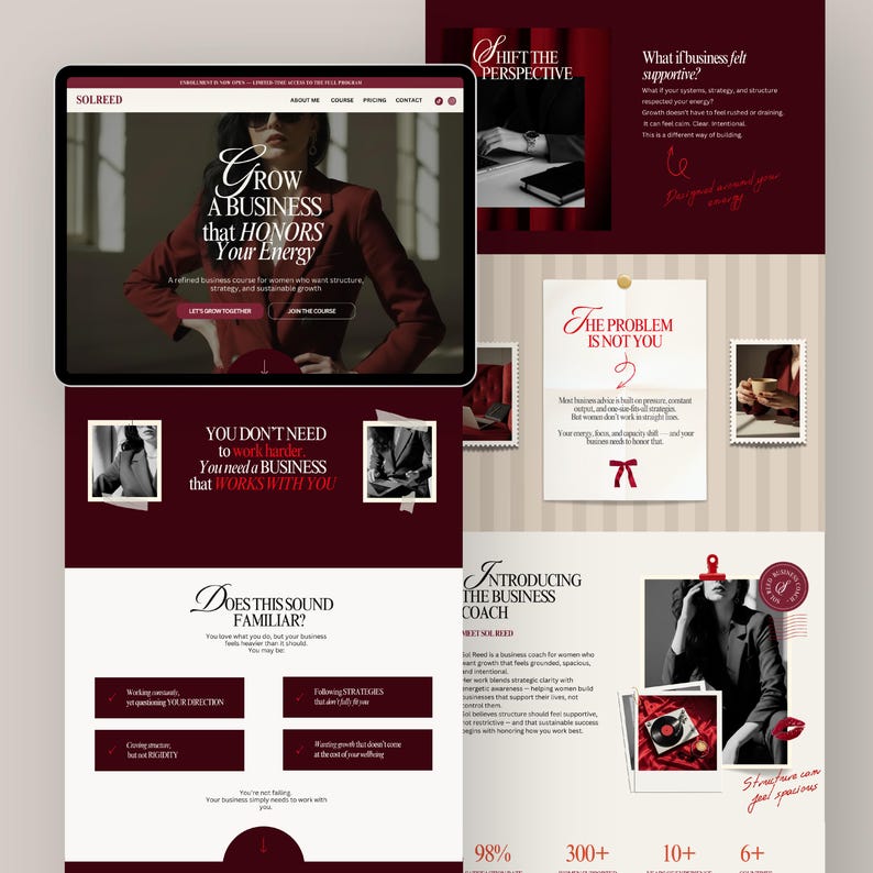 Puede incluir: Dise&ntilde;o web en borgo&ntilde;a y blanco, que promociona un curso de negocios para mujeres. El dise&ntilde;o presenta el texto "Grow a Business that Honors Your Energy" y "Shift the Perspective".