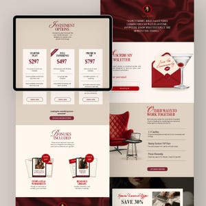 Puede incluir: Dise&ntilde;o web con opciones de inversi&oacute;n en una tableta: Plan de inicio, Experiencia completa y VIP Premium. La p&aacute;gina incluye una suscripci&oacute;n al bolet&iacute;n, un sill&oacute;n rojo y una oferta especial de lanzamiento con un 30% de descuento.