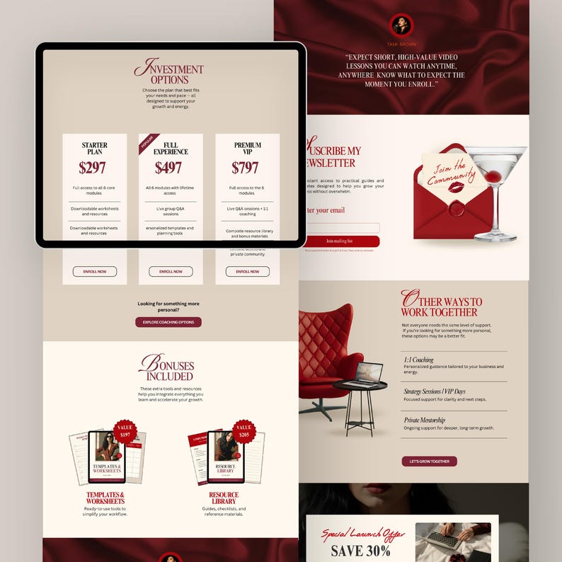 Puede incluir: Dise&ntilde;o web con opciones de inversi&oacute;n en una tableta: Plan de inicio, Experiencia completa y VIP Premium. La p&aacute;gina incluye una suscripci&oacute;n al bolet&iacute;n, un sill&oacute;n rojo y una oferta especial de lanzamiento con un 30% de descuento.