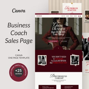 Puede incluir: Una plantilla de Canva para una p&aacute;gina de ventas de Business Coach. El dise&ntilde;o presenta una combinaci&oacute;n de colores burdeos y blanco con el texto "Grow a Business that Honors Your Energy". La plantilla incluye secciones para un curso de negocios.