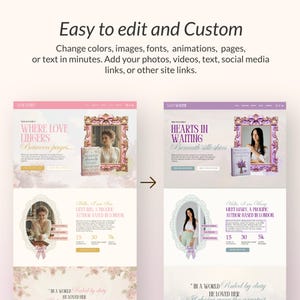 May include: Website design template with a pink and purple color scheme. The design includes text that reads "Easy to edit and Custom" and "Where Love Lingers Between pages..." and "Hearts in Waiting Beneath silk skies."