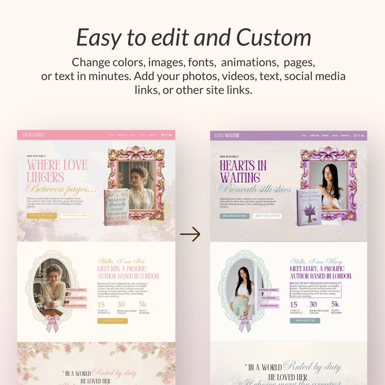 May include: Website design template with a pink and purple color scheme. The design includes text that reads "Easy to edit and Custom" and "Where Love Lingers Between pages..." and "Hearts in Waiting Beneath silk skies."