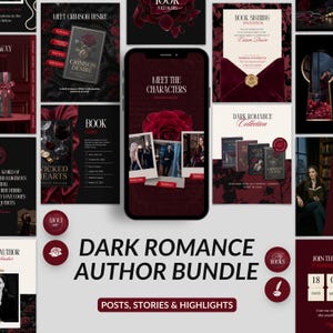 Puede incluir: Un paquete de marketing digital para autores que incluye un teléfono inteligente con plantillas para redes sociales, motivos de rosas rojo oscuro, perfiles de personajes, calendarios de giras de libros e invitaciones a eventos.