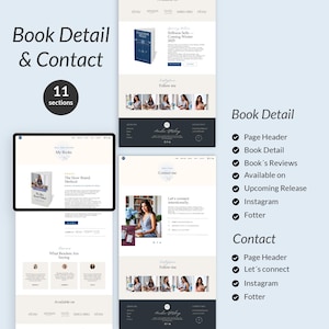 Op de afbeelding: Website-ontwerp met de titel "Book Detail & Contact" en 11 secties. Het bevat boekdetails, recensies en contactinformatie. Beschikbaar op eBay, Amazon en Kindle. Het ontwerp bevat een boekomslag.