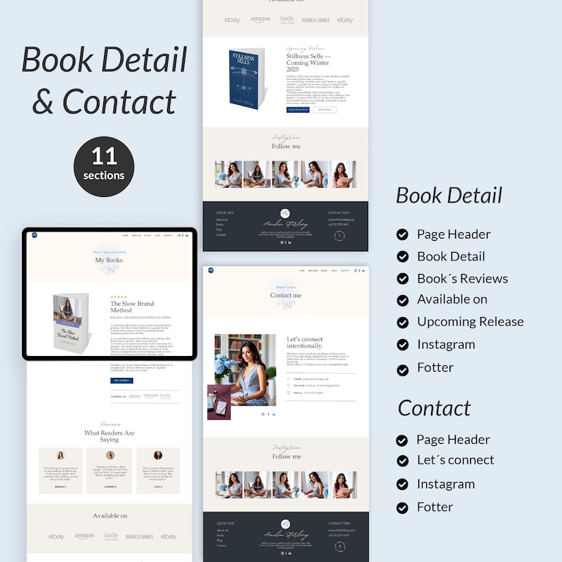 Op de afbeelding: Website-ontwerp met de titel "Book Detail & Contact" en 11 secties. Het bevat boekdetails, recensies en contactinformatie. Beschikbaar op eBay, Amazon en Kindle. Het ontwerp bevat een boekomslag.