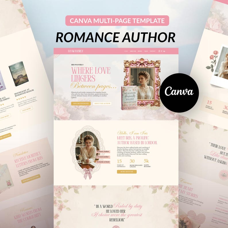 May include: A Canva multi-page template for a romance author, featuring a website design with a pink and cream color scheme. The design includes images of a woman, floral accents, and text that reads "Where Love Lingers Between pages..."