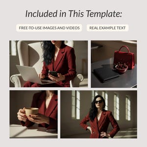 Puede incluir: Un collage de im&aacute;genes que presenta a una mujer con un traje burdeos, usando una computadora port&aacute;til y un tel&eacute;fono. Otras im&aacute;genes incluyen un bolso rojo, un cuaderno negro y una taza de caf&eacute;. El texto dice "Included in This Template: FREE-TO-USE IMAGES AND VIDEOS REAL EXAMPLE TEXT."