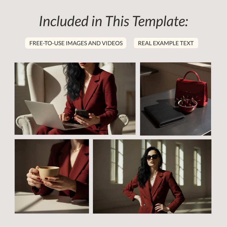 Puede incluir: Un collage de im&aacute;genes que presenta a una mujer con un traje burdeos, usando una computadora port&aacute;til y un tel&eacute;fono. Otras im&aacute;genes incluyen un bolso rojo, un cuaderno negro y una taza de caf&eacute;. El texto dice "Included in This Template: FREE-TO-USE IMAGES AND VIDEOS REAL EXAMPLE TEXT."