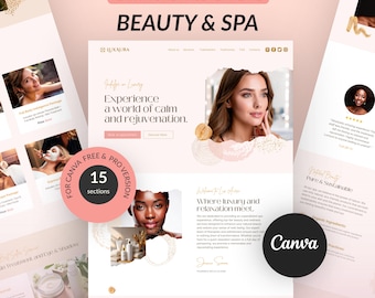 Plantilla de sitio web Canva de spa de belleza, página de destino de esteticista y cuidado de la piel, tema Canva de lujo elegante de una página y marcas de belleza.