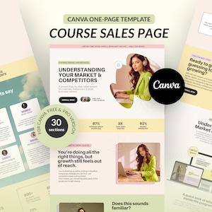 コース販売ページテンプレート | オンラインコースファネルページ | コーチとコース作成者向けの編集可能なCanvaテンプレート | Canva販売ページテンプレート