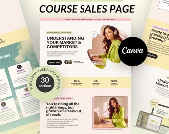 Plantilla de página de ventas de cursos / Página de embudo de cursos en línea / Plantilla de Canva editable para coaches y creadores de cursos / Plantilla de página de ventas de Canva