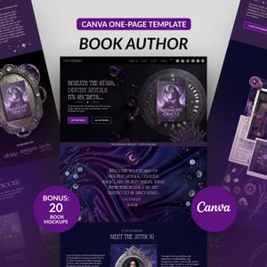 May include: A Canva one-page template for a book author featuring a dark purple colour scheme. The design includes text such as "Beneath the stars, destiny reveals its secrets," book mockups, celestial graphics, and a bonus of 20 book mockups.