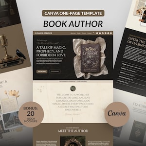 Könnte beinhalten: Eine einseitige Canva-Vorlage für eine Autoren-Website in den Farben Dunkelbraun und Creme. Das Layout enthält Abschnitte für ein Buch mit dem Titel The Thorns of Evernight, eine Autorenbiografie und einen Bonusbereich für 20 Buch-Mockups.