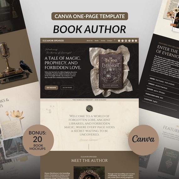 Dark Academia Author Website Template, Canva Website for Authors, Writer Website, Book Launch Template for Author Marketing