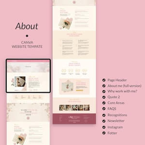 May include: A Canva website template design with a soft pink and white color scheme. The design includes sections for "About Me," "Why Work With Me?" and "FAQs." The template features floral accents and a modern layout.