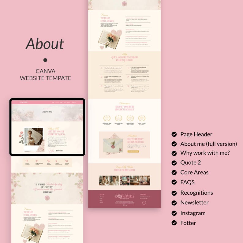 May include: A Canva website template design with a soft pink and white color scheme. The design includes sections for "About Me," "Why Work With Me?" and "FAQs." The template features floral accents and a modern layout.
