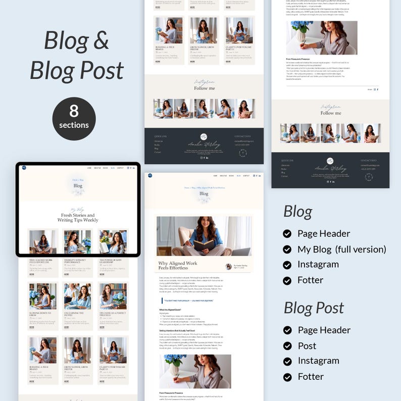 Op de afbeelding: Een digitaal ontwerp met een blog- en blogpost-indeling. Het ontwerp bevat een tablet en verschillende website-mockups met de tekst "Blog & Blog Post" en "8 sections". Het ontwerp bevat afbeeldingen van een vrouw en tekst.