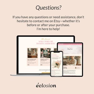 May include: A laptop, tablet, and smartphone display a website with the text "The Journal" and "Weekly Stories and Thoughtful Writing Notes." The devices are on a light pink background. The text "Questions?" and "&eacute;closion" are also visible.