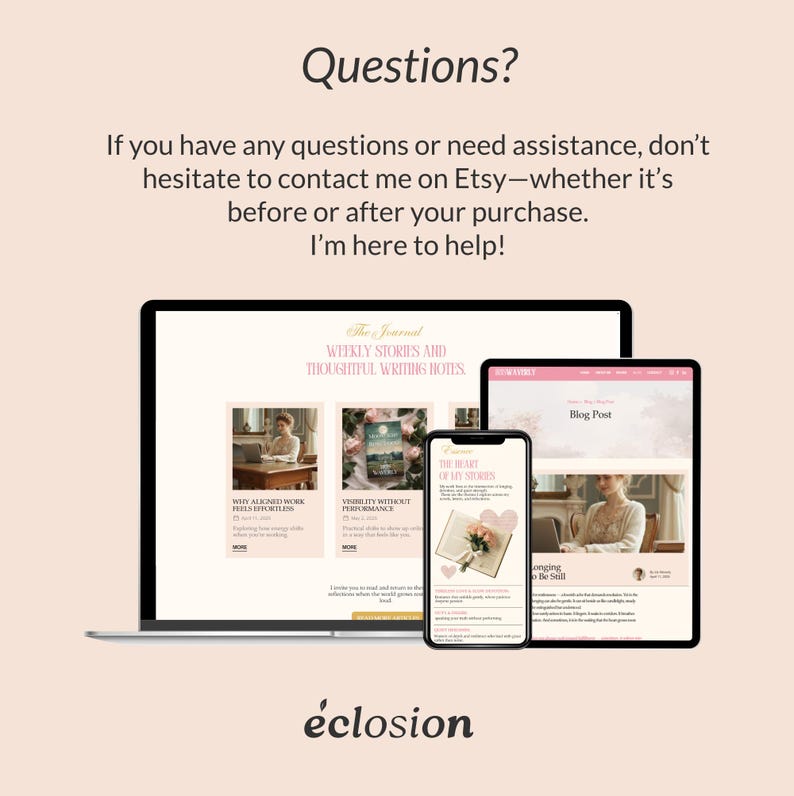 May include: A laptop, tablet, and smartphone display a website with the text "The Journal" and "Weekly Stories and Thoughtful Writing Notes." The devices are on a light pink background. The text "Questions?" and "&eacute;closion" are also visible.