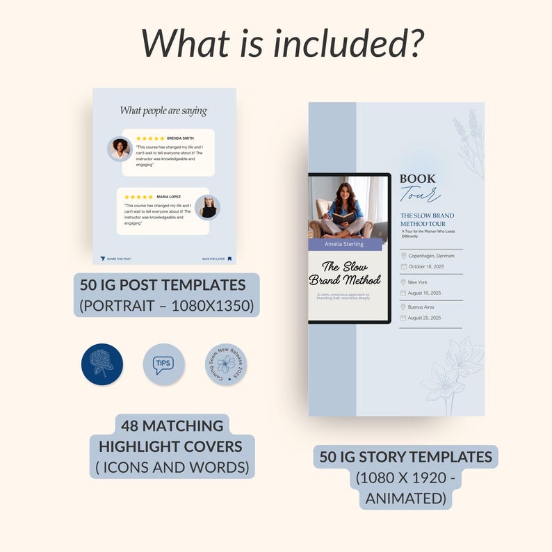 Puede incluir: Un paquete de marketing digital con plantillas para publicaciones e historias de Instagram. Incluye 50 plantillas de retrato, 50 plantillas de historia y 48 portadas destacadas. El dise&ntilde;o presenta un esquema de color azul claro con acentos florales.