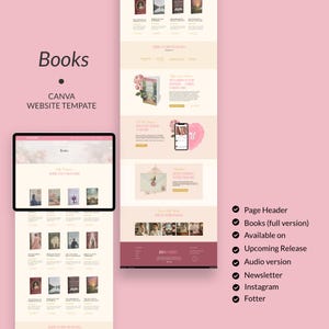 May include: A website template design with a pink and cream color scheme. The word "Books" is displayed at the top, with the text "CANVA WEBSITE TEMPLATE" below it. The design includes book covers and a phone mockup.