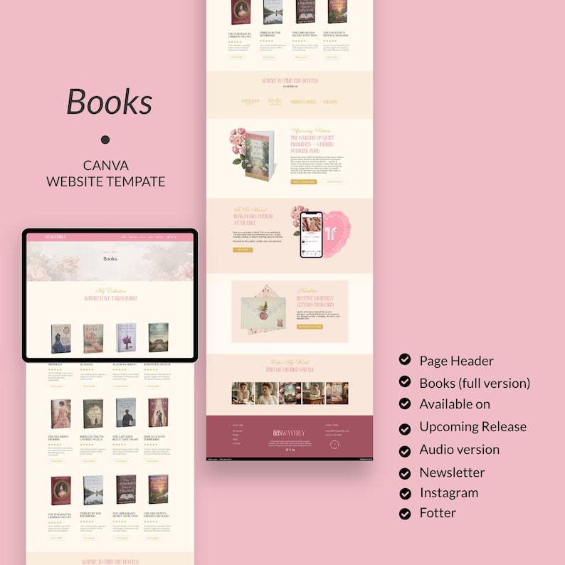 May include: A website template design with a pink and cream color scheme. The word "Books" is displayed at the top, with the text "CANVA WEBSITE TEMPLATE" below it. The design includes book covers and a phone mockup.