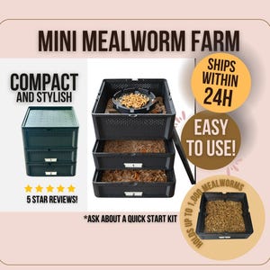 May include: A black mini mealworm farm with three stacked trays. The image includes the text "Compact and Stylish", "Easy to Use!", and "Holds up to 1,000 Mealworms". The farm is designed for raising mealworms.