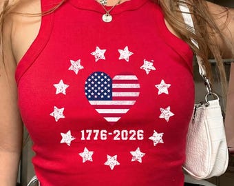 USA 250th Anniversary Bella Canvas Micro Cropped Racer Tank, America 1776-2026, Retro Patriotic American Flag Heart Tee, 4th of July