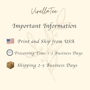 Pode incluir: Gr&aacute;fico creme com o texto "Virellatee" em fonte cursiva. Abaixo, l&ecirc;-se "Important Information" seguido de detalhes sobre impress&atilde;o, envio dos EUA, tempo de processamento e tempo de envio.
