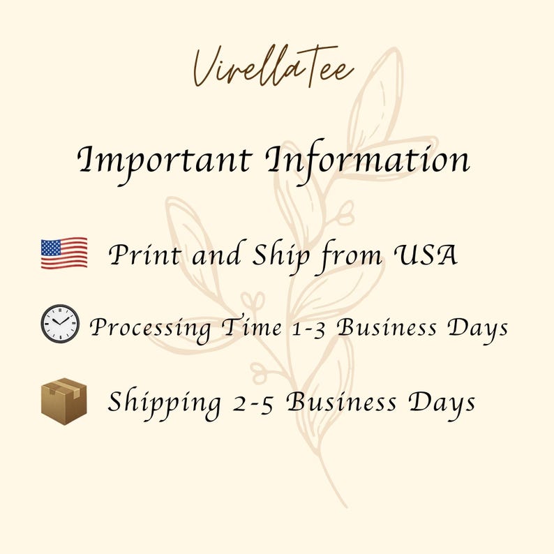 Pode incluir: Gr&aacute;fico creme com o texto "Virellatee" em fonte cursiva. Abaixo, l&ecirc;-se "Important Information" seguido de detalhes sobre impress&atilde;o, envio dos EUA, tempo de processamento e tempo de envio.